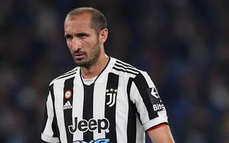 ROME, ITALY - May 11 : Giorgio Chiellini of FC Juventus gestures during  the  Italian Cup final  soccer match between  FC Juventus and Inter Milan FC at Stadio Olimpico on May 11,2022 in Rome, Italy.