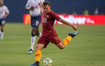 SAN DIEGO, CA - JULY 25:  Luca Pellegrini #3 of A.S. Roma shoots the ball on goal against Tottenham Hotspurs during the  first half of the International Champions Cup 2018 match at SDCCU Stadium on July 25, 2018 in San Diego, California.  (Photo by Kent Horner/Getty Images)