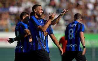 LUGANO, SWITZERLAND - JULY 12: Danilo D'Ambrosio of FC Internazionale celebrates with teammates after scoring his team's first goal during the pre-season Friendly match between Lugano v FC Internazionale at Stadio Cornaredo in Lugano on July 12, 2022 in Lugano, Switzerland. (Photo by Mattia Ozbot - Inter/Inter via Getty Images)