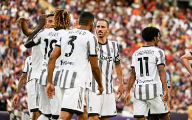 DALLAS, TX - JULY 26: Moise Kean of Juventus celebrates 1-1 goal during the preseason match between Barcelona and Juventus at Cotton Bowl on July 26, 2022 in Dallas, Texas. (Photo by Daniele Badolato - Juventus FC/Juventus FC via Getty Images)