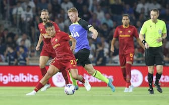 HAIFA, ISRAEL - JULY 30: Paulo Dybala of AS Roma battle for the ball during the Pre-Season Friendly match between Tottenham Hotspur and AS Roma at Itztadion Sammy Ofer on July 31, 2022 in Haifa, Israel. (Photo by Ahmad Mora/DeFodi Images via Getty Images)