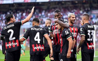 (220814) -- MILAN, Aug. 14, 2022 (Xinhua) -- AC Milan's Brahim Diaz (Front) celebrates his goal with teammates during a Serie A football match between AC Milan and Udinese in Milan, Italy, on Aug. 13, 2022. (Photo by Alberto Lingria/Xinhua) - Alberto Lingria -//CHINENOUVELLE_sipa.023/2208141120/Credit:CHINE NOUVELLE/SIPA/2208141133