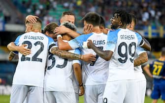 Napoli's Adam Ounas celebrates after scoring a goal with teammates  during  Hellas Verona FC vs SSC Napoli, italian soccer Serie A match in Verona, Italy, August 15 2022