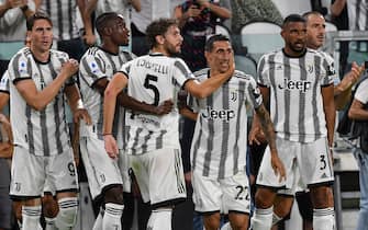 (220816) -- TURIN, Aug. 16, 2022 (Xinhua) -- Juventus' Angel Di Maria (3rd R) celebrates his goal with his teammates during a Serie A football match between Juventus and Sassuolo in Turin, Italy, on Aug. 15, 2022. (Photo by Federico Tardito/Xinhua) - Fei Delike¡¤taerdituo -//CHINENOUVELLE_sipa.0120/2208160832/Credit:CHINE NOUVELLE/SIPA/2208160845