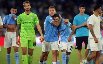 ROME, Italy - 14.08.2022:  Lazio players celebrates victory at end of  the Italian TIM Serie A football match between SS LAZIO VS FC BOLOGNA at Olimpic stadium in Rome.