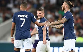 07 Kylian MBAPPE (psg) - 06 Marco VERRATTI (psg) - 04 Sergio RAMOS (psg) during the Ligue 1 match between Toulouse and Paris Saint Germain at Stadium de Toulouse on August 31, 2022 in Toulouse, France. (Photo by Philippe Lecoeur/FEP/Icon Sport/Sipa USA) - Photo by Icon Sport/Sipa USA