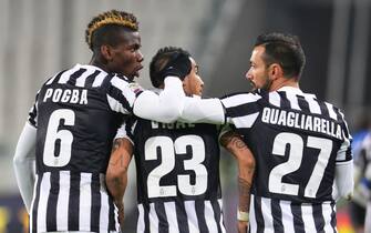 Esultanza dei giocatori della Juventus a fine partita dopo Juventus-Udinese allo Juventus Stadium, Torino, 1 Dicembre 2013. ANSA/ ANDREA DI MARCO