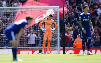 Leeds United goalkeeper Illan Meslier reacts following Arsenal's Eddie Nketiah (not pictured) scoring their side's first goal of the game during the Premier League match at the Emirates Stadium, London. Picture date: Sunday May 8, 2022.