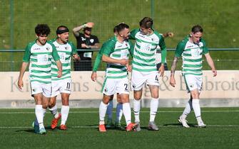 The New Saints' Leo Smith (centre left) celebrates scoring their side's second goal of the game during the UEFA Europa Conference League first qualifying round, second leg match at Park Hall, Oswestry. Picture date: Thursday July 15, 2021.