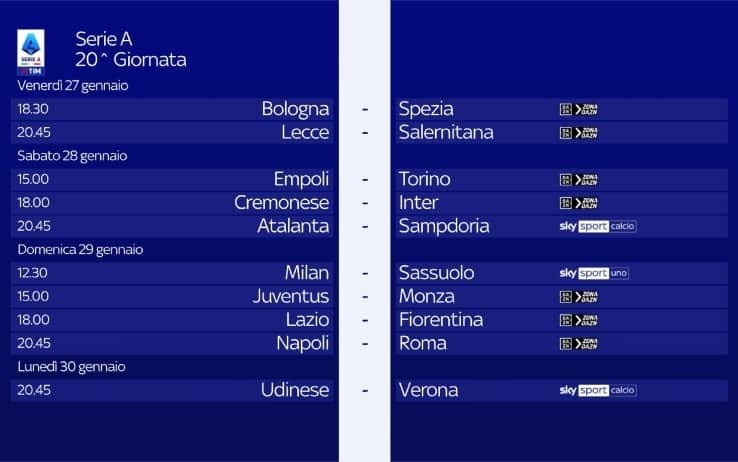 Calendario orari giornata 20 Serie A