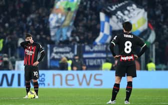 Brahim Abdelkader Diaz of Milan (L) reacts after Mattia Zaccagni's 2-0 goal during the Italian soccer match between SS Lazio and AC Milan at Olimpico stadium in Rome, Italy, 24 January 2023. ANSA/FEDERICO PROIETTI