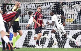 Juventuss Moise Kean jubilates after scoring the goal (2-1) during the italian Serie A soccer match Juventus FC vs AC Milan at the Allianz Stadium in Turin, Italy, 6 April 2019 ANSA/ALESSANDRO DI MARCO