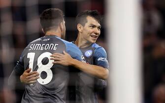 AMSTERDAM - (lr) Giovanni Simeone of SSC Napoli, Hirving Lozano of SSC Napoli celebrate the 1-6 during the UEFA Champions League Group A match between Ajax Amsterdam and SSC Napoli at the Johan Cruijff ArenA on October 4, 2022 in Amsterdam, Netherlands. ANP MAURICE VAN STEEN /ANP/Sipa USA