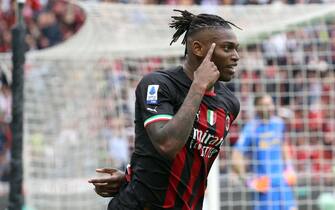 AC Milan’s Rafael Leao jubilates after scoring goal of 1 to 0 during the Italian serie A soccer match between AC Milan and Lecce at Giuseppe Meazza stadium in Milan,  23 April 2023. ANSA / MATTEO BAZZI