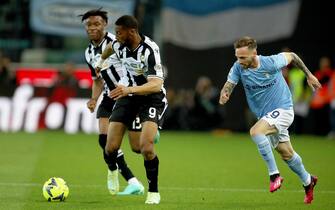 Udinese's Norberto Beto (L) and Lazio's Manuel Lazzari in action during the Italian Serie A soccer match Udinese Calcio vs SS Lazio at the Friuli - Dacia Arena stadium in Udine, Italy, 21 May 2023. ANSA / GABRIELE MENIS