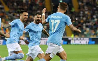 Lazio’s Ciro Immobile (R) jubilates with his teammates after scoring the goal during the Italian Serie A soccer match Udinese Calcio vs SS Lazio at the Friuli - Dacia Arena stadium in Udine, Italy, 21 May 2023. ANSA / GABRIELE MENIS