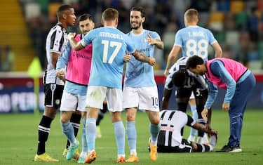 Lazio’s players celebrate the victory at the end of the Italian Serie A soccer match Udinese Calcio vs SS Lazio at the Friuli - Dacia Arena stadium in Udine, Italy, 21 May 2023. ANSA / GABRIELE MENIS