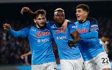Victor Osimhen of Napoli celebrates after scores with Khvicha Kvaratskhelia of Napoli and Giovanni Di Lorenzo of Napoli   during  SSC Napoli vs Juventus FC, italian soccer Serie A match in Naples, Italy, January 13 2023