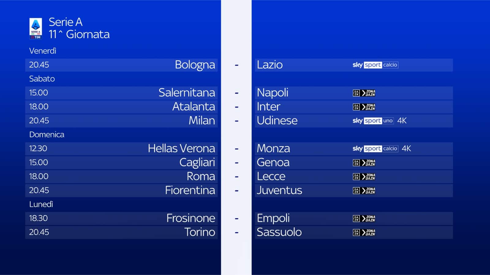 Serie A 2023/2024 partite undicesima giornata: dove vederle in diretta tv,  streaming e probabili formazioni