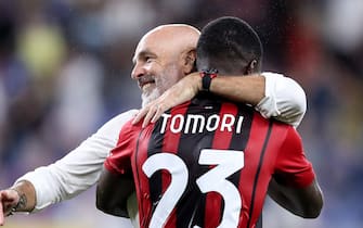 Genoa, Italy, 23rd August 2021. Stefano Pioli Head coach of AC Milan embraces Fikayo Tomori of AC Milan  following the final whistle of the Serie A match at Luigi Ferraris, Genoa. Picture credit should read: Jonathan Moscrop / Sportimage via PA Images