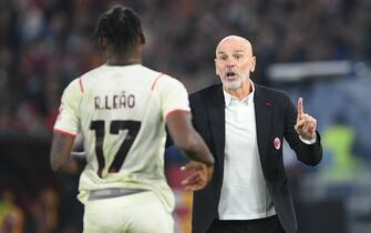 Stefano Pioli manager of AC Milan gives instructions to Rafael Leao of AC Milan during the Serie A match between Roma and AC Milan at Stadio Olimpico, Rome, Italy on 31 October 2021. Photo by Giuseppe Maffia.