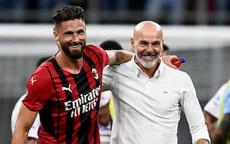 MILAN, ITALY - August 29, 2021: Stefano Pioli, head coach of AC Milan, celebrates the victory with Olivier Giroud of AC Milan at the end of the Serie A football match between AC Milan and Cagliari Calcio. (Photo by Nicolò Campo/Sipa USA)
