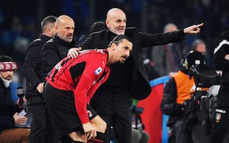 Milan's head coach Stefano Pioli gives instructions to Milan's forward Zlatan Ibrahimovic   during  SSC Napoli vs AC Milan, italian soccer Serie A match in Naples, Italy, March 06 2022