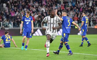 Juventus' Moise Kean jubilates after scoring the gol (1-0) during the italian Serie A soccer match Juventus FC vs Hellas Verona FC at the Allianz Stadium in Turin, Italy, 1 april 2023 ANSA/ALESSANDRO DI MARCO
