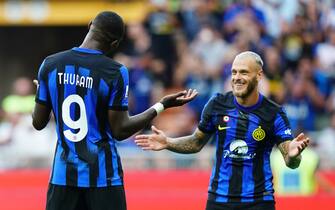 Foto Spada/LaPresse 03 Settembre 2023 - Milano  , Italia - sport, calcio -Fc Inter Vs Fiorentina - Campionato italiano di calcio Serie A TIM 2032/2024 - Stadio San Siro Nella foto: Marcus Thuram (FC Inter); esultanza dopo gol 1-0  Federico Dimarco (FC Inter);

September 03 , 2023 Milan  , Italy - sport, calcio - Fc Inter Vs Fiorentina - Serie A Football Championship 2023/2024 - San Siro Stadium . In the pic : Marcus Thuram (FC Inter); celebrates after scoring 1-0  Federico Dimarco (FC Inter);