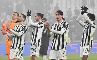 Players of Juventus celebrate the victory at the end of the italian Serie A soccer match Juventus FC vs Hellas Verona FC at the Allianz Stadium in Turin, Italy, 6 february 2022 ANSA/ALESSANDRO DI MARCO