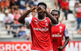 Folarin BALOGUN of Reims celebrates his goal during the French championship Ligue 1 football match between Stade de Reims and Clermont Foot 63 on August 14, 2022 at Auguste Delaune stadium in Reims, France - Photo: Matthieu Mirville/DPPI/LiveMedia