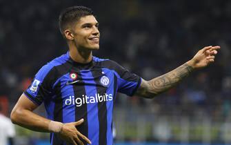 Inter Milan’s Joaquin Correa jubilates after scoring goal of 1 to 0  during the Italian serie A soccer match between FC Inter  and Cremonese Giuseppe Meazza stadium in Milan, 30 August 2022.ANSA / MATTEO BAZZI