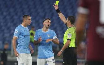 Rome, Italy 30.10.2022: Yellow card for Marusic of Lazio  during the Italian football championship Serie A 2022-2023, match between SS Lazio vs Salernitana Calcio at Olympic Stadium in Rome, Italy.