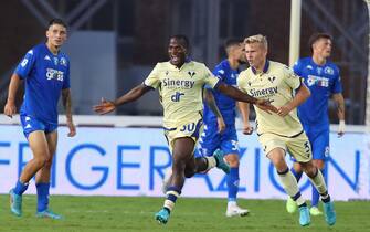 Hellas Verona's forward Yayah Kallon celebrates after scoring 1-1 equalizer during the Italian serie A soccer match between Empoli FC vs Hellas Verona at Carlo Castellani stadium in Empoli, Italy, 31 August 2022
ANSA/CLAUDIO GIOVANNINI