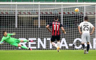 AC Milan s Zlatan Ibrahimovic kicks a penalty out against Sparta Praha s goalkeeper Milan Heca during the UEFA Europa League Group H soccer match between  Ac Milan vs Sparta Praha  at Giuseppe Meazza stadium in Milan 29 October 2020.
ANSA / MATTEO BAZZI

