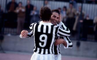 TURIN, ITALY :  Juventus player Antonio Cabrini celebrates a goal with Paolo Rossi during a match on 1980's in Turin, Italy. (Photo by Juventus FC - Archive/Juventus FC via Getty Images))