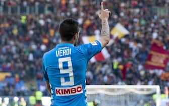 Napolis Simone Verdi jubilates after scoring the 3-1 goal during Serie A soccer match as Roma - SSC Napoli at Olimpico Stadium in Rome, 31 March 2019. ANSA/CLAUDIO PERI