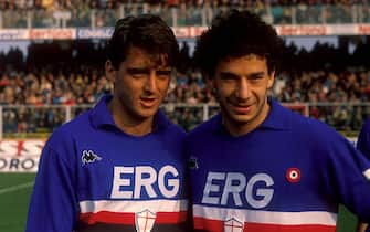 GENOA, ITALY - 01 SEPTEMBER 1989:  Roberto Mancini (L) and Gianluca Vialli of UC Sampdoria pose for a photo during the season 1989-1990