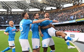 Napoli’s forward Lorenzo Insigne jubilates after scoring the goal during the Italian Serie A soccer match between SSC Napoli and AS Roma at 'Diego Armando Maradona' stadium in Naples, Italy, 18 April 2022.ANSA/CIRO FUSCO