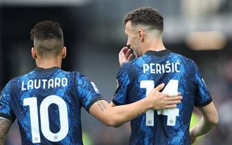 Inter’s Lautaro Martinez (R) jubilates with his teammate Lautaro Martinez after scoring the goal during the Italian Serie A soccer match Udinese Calcio vs FC Internazionale at the Friuli - Dacia Arena stadium in Udine, Italy, 1 May 2022. ANSA/GABRIELE MENIS