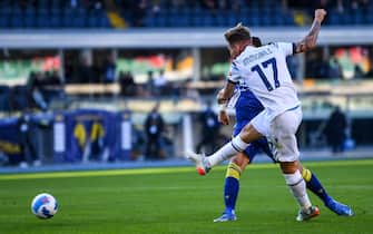 shoot of goal 2-1 of Ciro Immobile (SS Lazio)  during  Hellas Verona FC vs SS Lazio, Italian football Serie A match in Verona, Italy, October 24 2021