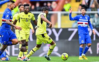 Udinese's Nigerian defender Kingsley Ehizibue scores a goal during the Italian Serie A soccer match Uc Sampdoria vs Udinese Calcio at Luigi Ferraris stadium in Genoa, Italy, 22 January 2023. ANSA/STRINGER