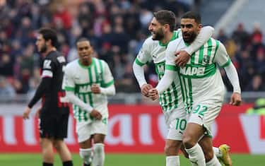 Gregoire Defrel of US Sassuolo celebrates after scoring a goal during Serie A 2022/23 football match between AC Milan and US Sassuolo at San Siro Stadium, Milan, Italy on January 29, 2023
