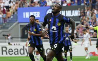 FC Inter's forward Marcus Thuram  jubilates after scoring a goal during the Italian serie A soccer match between Fc Inter and Fiorentina at  Giuseppe Meazza stadium in Milan, 3 September 2023.
ANSA / MATTEO BAZZI