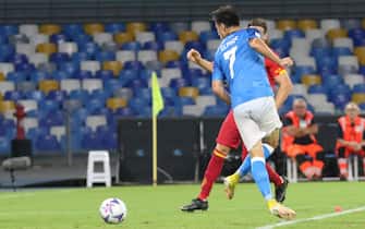  Napoli’s midfielder Eljif Elmas  scores the goal    during  italian Serie A  soccer  match   SSC Napoli vs US Lecce at the Diego Armando Maradona stadium in Naples, Italy, 31 August 2022. 
ANSA / CESARE ABBATE
