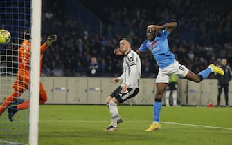 NAPLES, ITALY - JANUARY 13: Victor Osimhen of SSC Napoli scores his team's fourth goal during the Serie A match between SSC Napoli_Juventus at Stadio Diego Armando Maradona on January 13, 2023 in Naples, Italy. (Photo by Carlo Hermann/DeFodi Images via Getty Images)