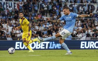 Lazio’s Ciro Immobile scores the 2-1 goal in action during the Italian Serie A soccer match between  SS Lazio vs Bologna FC at the Olimpico stadium in Rome, Italy, 14 August 2022. ANSA/GIUSEPPE LAMI