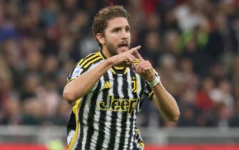 Juventus’s Manuel Locatelli jubilates after scoring goal of 0 to 1 during the Italian serie A soccer match between AC Milan and Juventus at Giuseppe Meazza stadium in Milan, 22 October  2023.
ANSA / MATTEO BAZZI