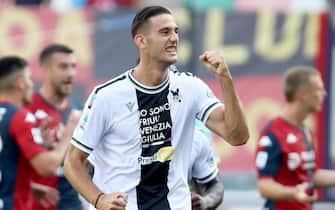 Udinese's Lorenzo Lucca jubilates after scoring the goal during the Italian Serie A soccer match Udinese Calcio vs Genoa CFC at the Friuli - Dacia Arena stadium in Udine, Italy, 1 October 2023. ANSA / GABRIELE MENIS
