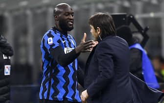 MILAN, ITALY - February 14, 2021: Romelu Lukaku of FC Internazionale and Antonio Conte, head coach of FC Internazionale, during the Serie A football match between FC Internazionale and SS Lazio. (Photo by NicolÃ² Campo/Sipa USA)